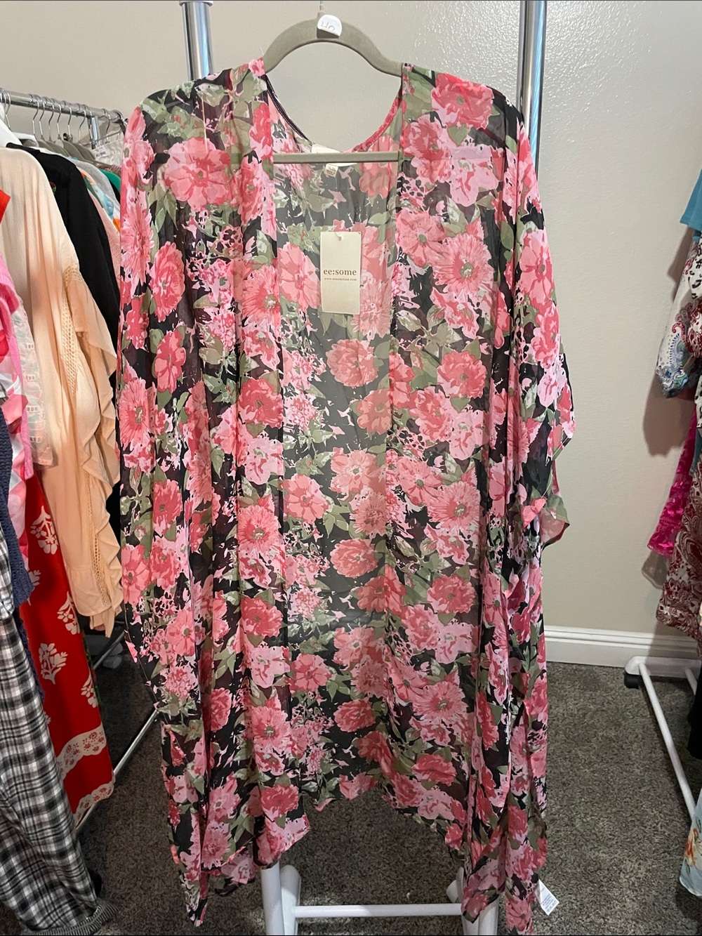 eesome Pink Floral Sheer Kimono Cardigan